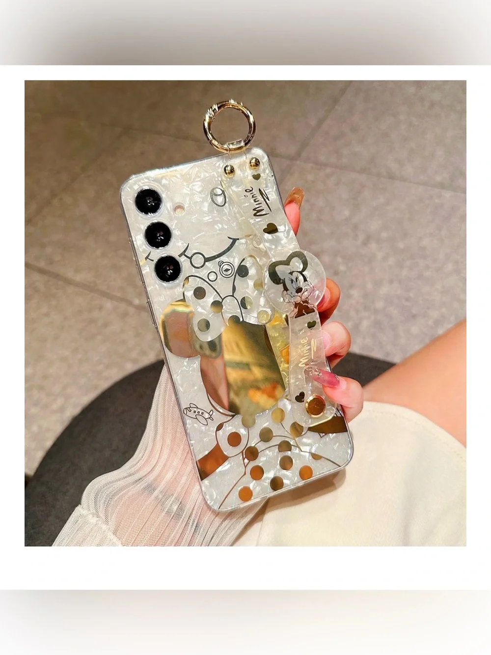 Clear Minnie Mouse Phone Case with Ring Strap - White/Gold Galaxy S23 FE NEW